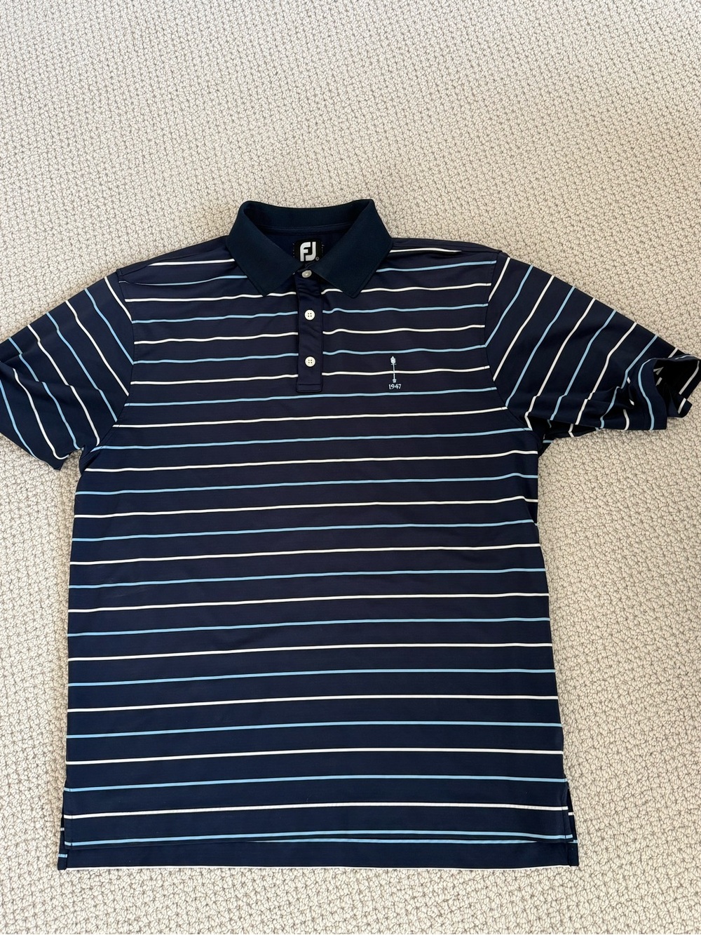 FootJoy Navy Polo with White and Light Blue Stripes Mens size large